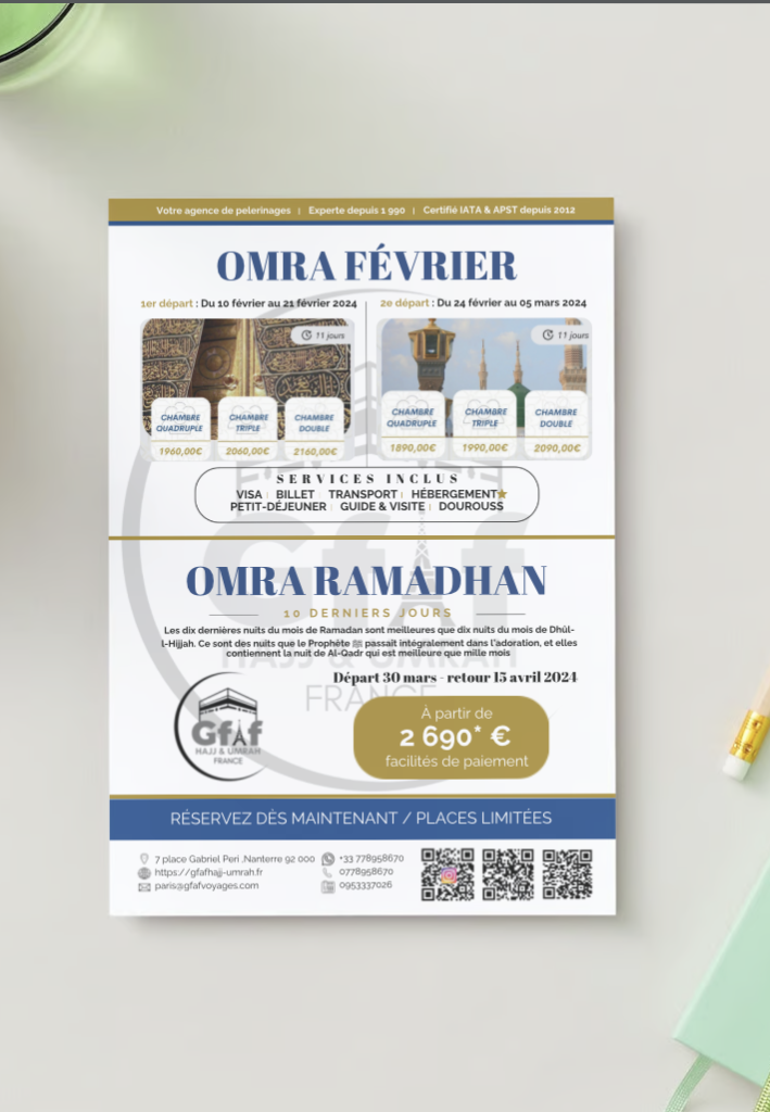 Flyer créé par Dine First pour une agence de voyage Omra